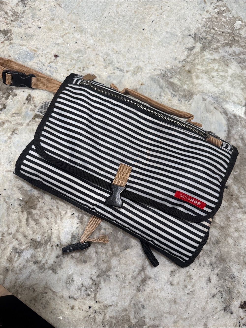 Skip Hop Black & White Striped Men's Toiletry Organizer with Tan Strap